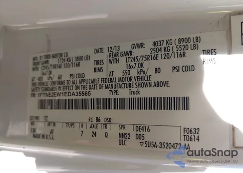 2014 Ford E-250 Commercial z USA, uszkodzony, nr VIN 1FTNE2EW1EDA35565